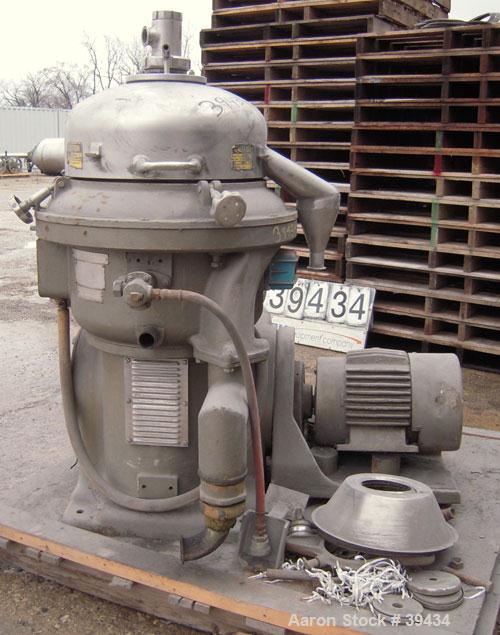 Used Alfa Laval CAFPX-207-XGV-19-60 Disc Centrifuge, 316 Stainless Steel. Light phase pump discharge, heavy phase overflow, outer rising channel. Driven by a 10 HP, 3/60/230/460 Volt, 1750 RPM Motor.