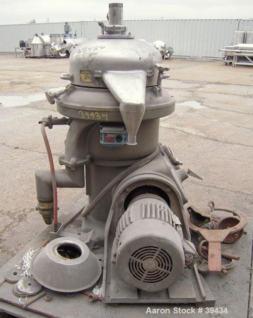 Used Alfa Laval CAFPX-207-XGV-19-60 Disc Centrifuge, 316 Stainless Steel. Light phase pump discharge, heavy phase overflow, outer rising channel. Driven by a 10 HP, 3/60/230/460 Volt, 1750 RPM Motor.