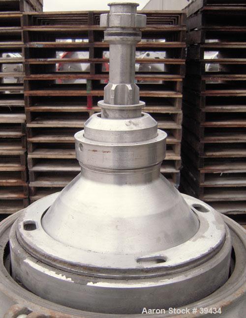 Used Alfa Laval CAFPX-207-XGV-19-60 Disc Centrifuge, 316 Stainless Steel. Light phase pump discharge, heavy phase overflow, outer rising channel. Driven by a 10 HP, 3/60/230/460 Volt, 1750 RPM Motor.