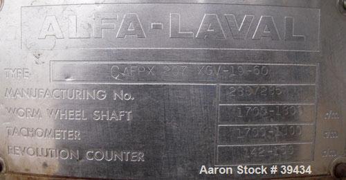 Used Alfa Laval CAFPX-207-XGV-19-60 Disc Centrifuge, 316 Stainless Steel. Light phase pump discharge, heavy phase overflow, outer rising channel. Driven by a 10 HP, 3/60/230/460 Volt, 1750 RPM Motor.