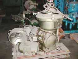Used Alfa Laval CAFPX-207-XGV-19-60 Disc Centrifuge, 316 Stainless Steel. Light phase pump discharge, heavy phase overflow, outer rising channel. Driven by a 10 HP, 3/60/230/460 Volt, 1750 RPM Motor.