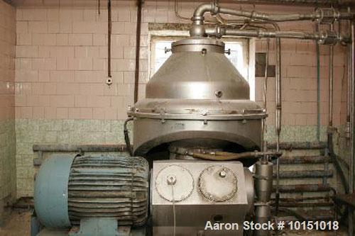 Used Alfa Laval CHPX-517-SGV-35CG Desludger Disc Centrifuge. 316 stainless steel construction on product contact areas, clarifier design, centripetal pump liquid discharge, timed solids discharge, wa...