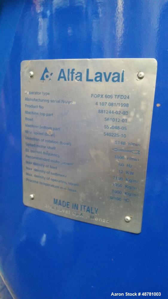 Used Alfa-Laval FOPX-609-TFD-24 "Oil Purifier" Desludger Disc Centrifuge