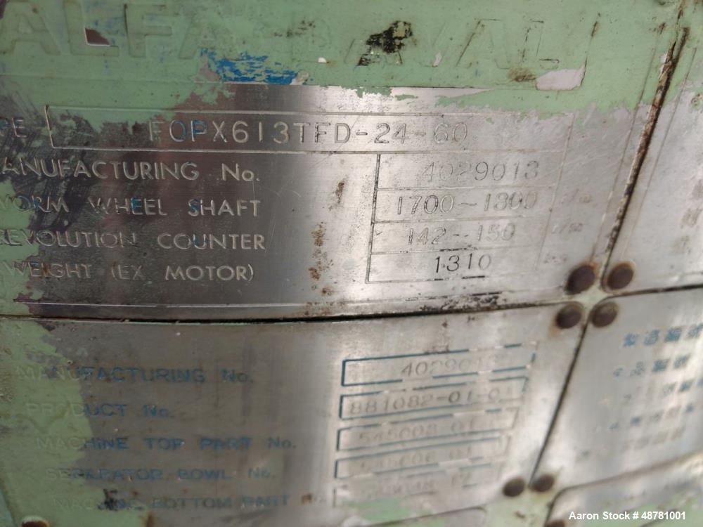 Used Alfa-Laval FOPX 613TFD-24-60 "Oil Purifier" Desludger Disc Centrifuge.