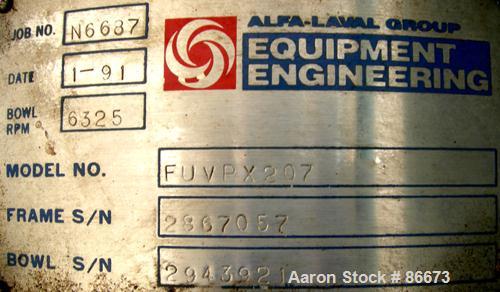 USED- Alfa Laval FUVPX-207-AGT-79-60 Desludger Disc Centrifuge