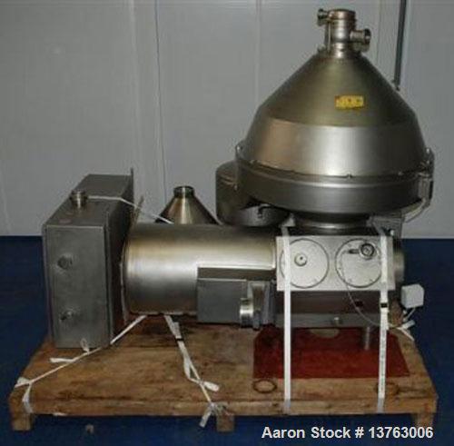 Used Alfa Laval HMRPX-518-HGV-74-50 Desludger Disc Centrifuge. Stainless steel construction (product contact areas), max bowl speed 3850 rpm, hermetic design, centripetal pump liquid discharge, direc...