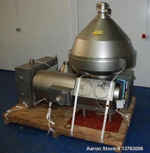 Used Alfa Laval HMRPX-518-HGV-74-50 Desludger Disc Centrifuge. Stainless steel construction (product contact areas), max bowl speed 3850 rpm, hermetic design, centripetal pump liquid discharge, direc...