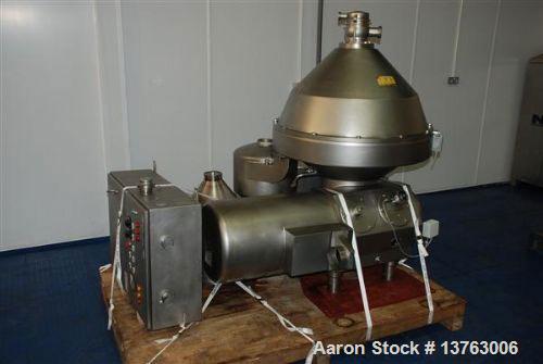 Used Alfa Laval HMRPX-518-HGV-74-50 Desludger Disc Centrifuge. Stainless steel construction (product contact areas), max bowl speed 3850 rpm, hermetic design, centripetal pump liquid discharge, direc...