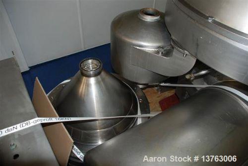 Used Alfa Laval HMRPX-518-HGV-74-50 Desludger Disc Centrifuge. Stainless steel construction (product contact areas), max bowl speed 3850 rpm, hermetic design, centripetal pump liquid discharge, direc...
