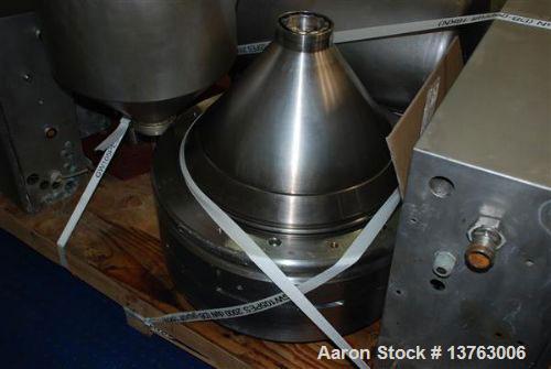 Used Alfa Laval HMRPX-518-HGV-74-50 Desludger Disc Centrifuge. Stainless steel construction (product contact areas), max bowl speed 3850 rpm, hermetic design, centripetal pump liquid discharge, direc...