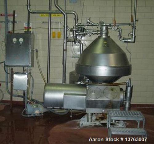Used Alfa Laval HMRPX-518-HGV-74-50 Desludger Disc Centrifuge. Stainless steel construction (product contact areas), max bowl speed 3850 rpm, hermetic design, centripetal pump liquid discharge, direc...