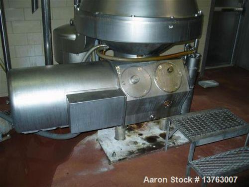 Used Alfa Laval HMRPX-518-HGV-74-50 Desludger Disc Centrifuge. Stainless steel construction (product contact areas), max bowl speed 3850 rpm, hermetic design, centripetal pump liquid discharge, direc...
