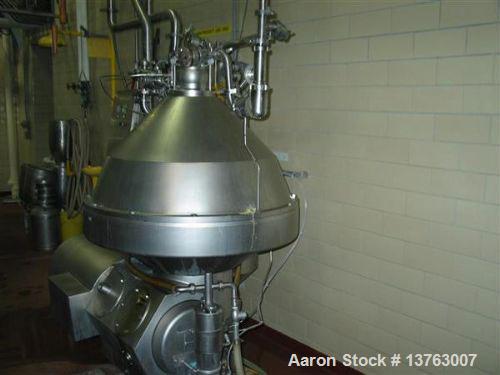Used Alfa Laval HMRPX-518-HGV-74-50 Desludger Disc Centrifuge. Stainless steel construction (product contact areas), max bowl speed 3850 rpm, hermetic design, centripetal pump liquid discharge, direc...