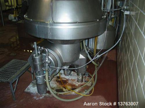 Used Alfa Laval HMRPX-518-HGV-74-50 Desludger Disc Centrifuge. Stainless steel construction (product contact areas), max bowl speed 3850 rpm, hermetic design, centripetal pump liquid discharge, direc...