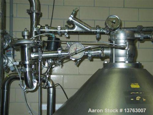 Used Alfa Laval HMRPX-518-HGV-74-50 Desludger Disc Centrifuge. Stainless steel construction (product contact areas), max bowl speed 3850 rpm, hermetic design, centripetal pump liquid discharge, direc...
