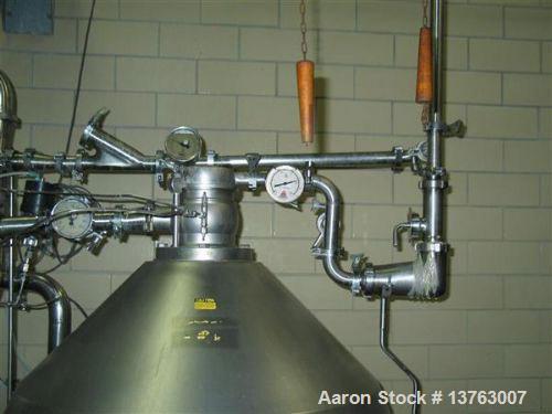 Used Alfa Laval HMRPX-518-HGV-74-50 Desludger Disc Centrifuge. Stainless steel construction (product contact areas), max bowl speed 3850 rpm, hermetic design, centripetal pump liquid discharge, direc...