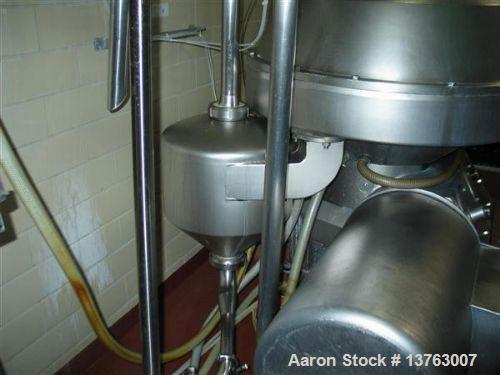 Used Alfa Laval HMRPX-518-HGV-74-50 Desludger Disc Centrifuge. Stainless steel construction (product contact areas), max bowl speed 3850 rpm, hermetic design, centripetal pump liquid discharge, direc...