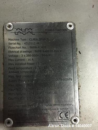 Used Alfa Laval LAPX-404-SGP-31GC "Clara-20" Desludger Disc Centrifuge.