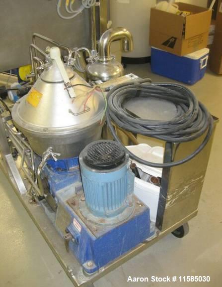 Used Alfa Laval LAPX-404-SGP-31G Desludger Disc Centrifuge. Stainless steel construction (product contact areas), max bowl speed 9300 rpm, clarifier deign (liquid/solids separation), centripetal pump...