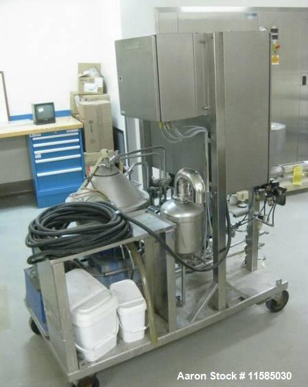 Used Alfa Laval LAPX-404-SGP-31G Desludger Disc Centrifuge. Stainless steel construction (product contact areas), max bowl speed 9300 rpm, clarifier deign (liquid/solids separation), centripetal pump...