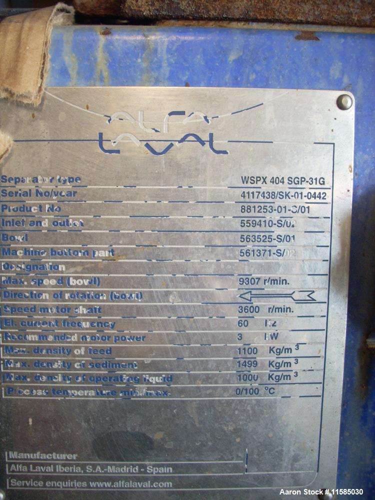 Used Alfa Laval LAPX-404-SGP-31G Desludger Disc Centrifuge. Stainless steel construction (product contact areas), max bowl speed 9300 rpm, clarifier deign (liquid/solids separation), centripetal pump...