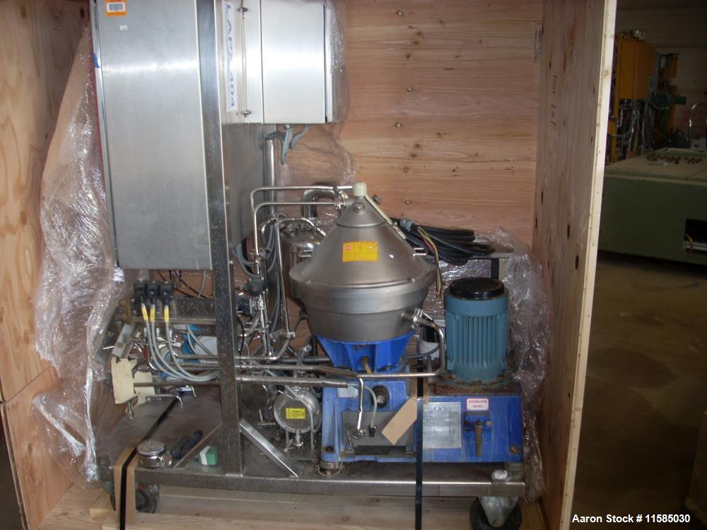 Used Alfa Laval LAPX-404-SGP-31G Desludger Disc Centrifuge. Stainless steel construction (product contact areas), max bowl speed 9300 rpm, clarifier deign (liquid/solids separation), centripetal pump...