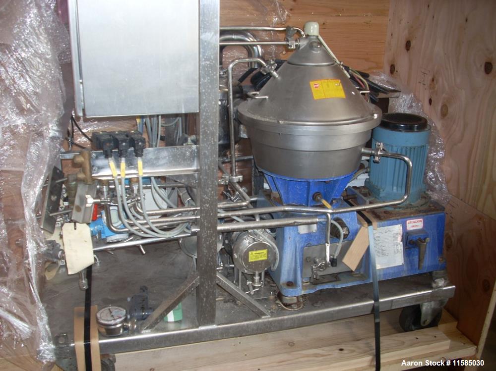 Used Alfa Laval LAPX-404-SGP-31G Desludger Disc Centrifuge. Stainless steel construction (product contact areas), max bowl speed 9300 rpm, clarifier deign (liquid/solids separation), centripetal pump...