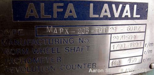 Used Diesel Engine Fuel Treatment System consisting of: (2) Alfa Laval model MAPX-205 TGT-24-60HZ disc bowl centrifuges, bowl speed 1700-1800 rpm, self-cleaning design feature for solids discharge, b...