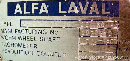 Used Diesel Engine Fuel Treatment System consisting of: (2) Alfa Laval model MAPX-205 TGT-24-60HZ disc bowl centrifuges, bowl speed 1700-1800 rpm, self-cleaning design feature for solids discharge, b...
