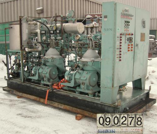 USED: Diesel engine fuel treatment system consisting of: (2) Alfa Laval model MAPX-205 TGT-24-60HZ disc bowl centrifuges, bowl speed 1700-1800 rpm, self-cleaning design feature for solids discharge, ...