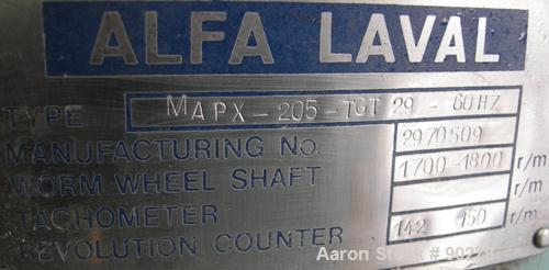 USED: Diesel engine fuel treatment system consisting of: (2) Alfa Laval model MAPX-205 TGT-24-60HZ disc bowl centrifuges, bowl speed 1700-1800 rpm, self-cleaning design feature for solids discharge, ...