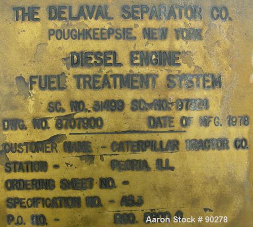 USED: Diesel engine fuel treatment system consisting of: (2) Alfa Laval model MAPX-205 TGT-24-60HZ disc bowl centrifuges, bowl speed 1700-1800 rpm, self-cleaning design feature for solids discharge, ...