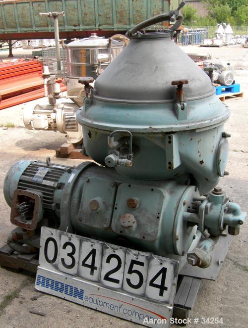 Used Alfa-Laval MAPX-210T-29-60 Oil Purifier Centrifuge Frame, 329 Stainless Steel. Frame driven feed pump, 25 hp motor 208/3/60, 1760 rpm tefc.