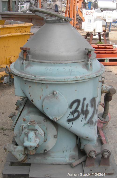 Used Alfa-Laval MAPX-210T-29-60 Oil Purifier Centrifuge Frame, 329 Stainless Steel. Frame driven feed pump, 25 hp motor 208/3/60, 1760 rpm tefc.