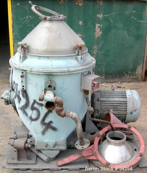 Used Alfa-Laval MAPX-210T-29-60 Oil Purifier Centrifuge Frame, 329 Stainless Steel. Frame driven feed pump, 25 hp motor 208/3/60, 1760 rpm tefc.