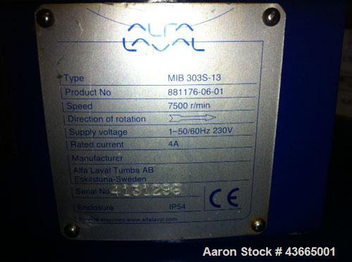 Used Alfa Laval Separator, Model MIB 303.  7500 r/min, 1-50/60 hz, 230V.  Includes purifier, centrifuge and lift pump.
