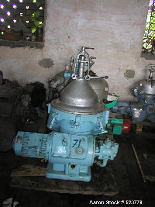 USED: Alfa Laval MAPX-205-T-24 desludger disc centrifuge. Stainlesssteel/aluminum construction on product contact areas, separatordesign, direct drive configuration, approximate 10 hp drive motor.