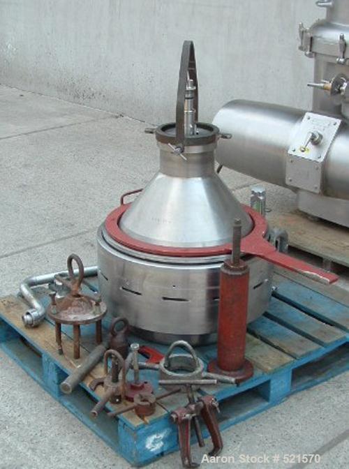 USED: Alfa Laval MRPX-214-TGC desludger disc centrifuge, stainless steel construction on product contact areas. Clarifier design, centripetal pump liquid discharge, direct drive configuration, approx...