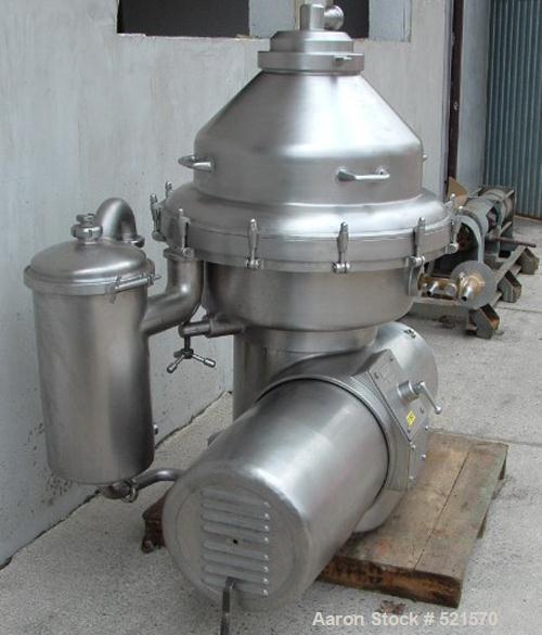 USED: Alfa Laval MRPX-214-TGC desludger disc centrifuge, stainless steel construction on product contact areas. Clarifier design, centripetal pump liquid discharge, direct drive configuration, approx...