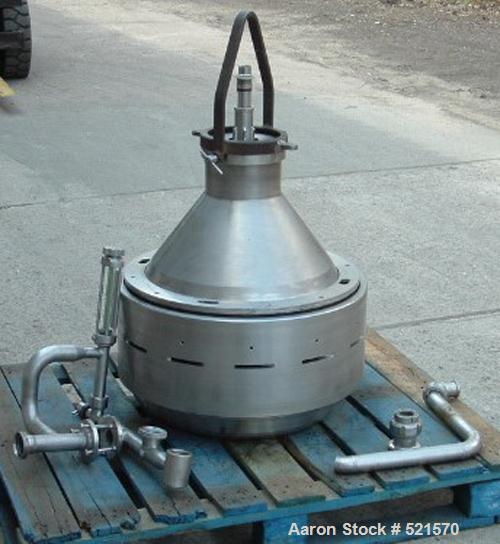 USED: Alfa Laval MRPX-214-TGC desludger disc centrifuge, stainless steel construction on product contact areas. Clarifier design, centripetal pump liquid discharge, direct drive configuration, approx...