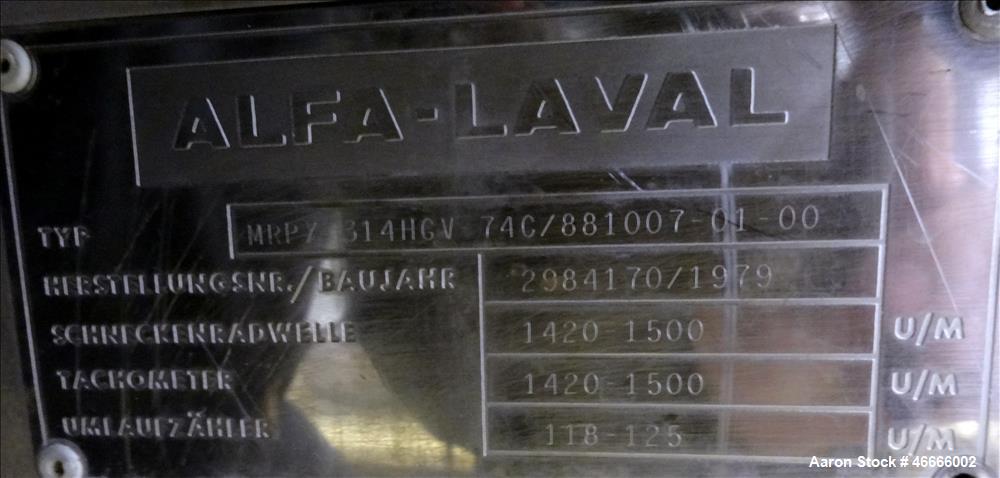 Used Alfa Laval Milk Separator Model MRPX-314-HGV-74C.