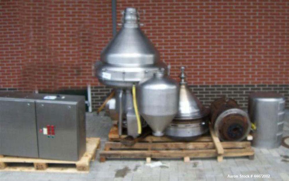 Used Alfa Laval MRPX-318 HGV-74C Milk Separator.  Stainless steel construction (product contact areas), stainless steel on product contact parts.  Concentrator/separator design, centripetal pump liqu...