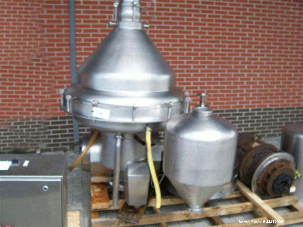 Used Alfa Laval MRPX-318 HGV-74C Milk Separator.  Stainless steel construction (product contact areas), stainless steel on product contact parts.  Concentrator/separator design, centripetal pump liqu...