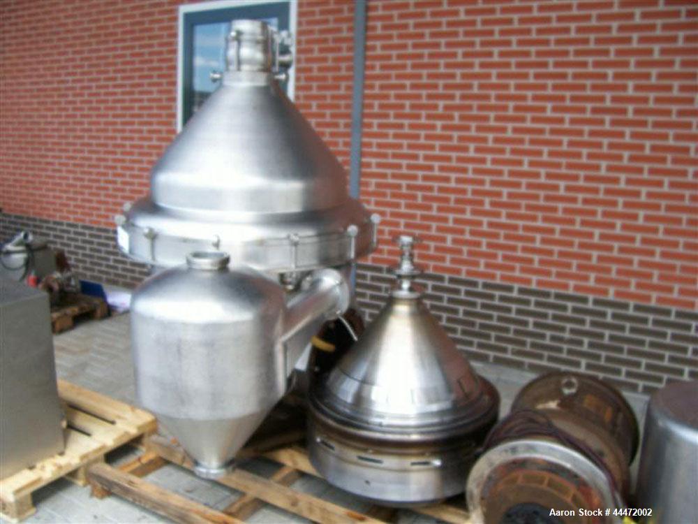Used Alfa Laval MRPX-318 HGV-74C Milk Separator.  Stainless steel construction (product contact areas), stainless steel on product contact parts.  Concentrator/separator design, centripetal pump liqu...
