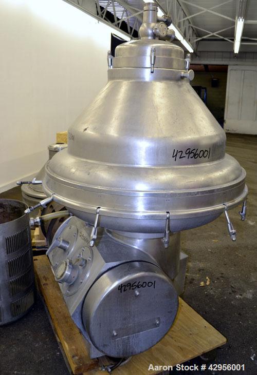 Used Alfa Laval MRPX318TGV-74C/4260-2 centrifuge. 329 Stainless steel construction on product contact areas, direct drive configuration, 30 kw drive motor, 380/3/50. Incl. sludge tank.
