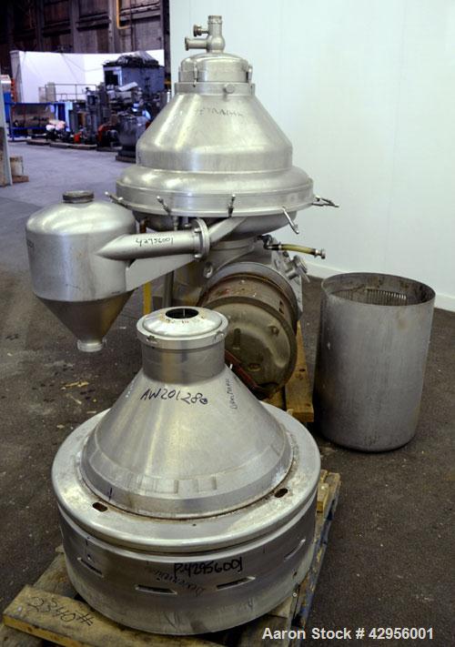 Used Alfa Laval MRPX318TGV-74C/4260-2 centrifuge. 329 Stainless steel construction on product contact areas, direct drive configuration, 30 kw drive motor, 380/3/50. Incl. sludge tank.