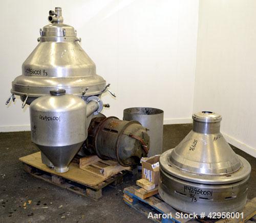 Used Alfa Laval MRPX318TGV-74C/4260-2 centrifuge. 329 Stainless steel construction on product contact areas, direct drive configuration, 30 kw drive motor, 380/3/50. Incl. sludge tank.