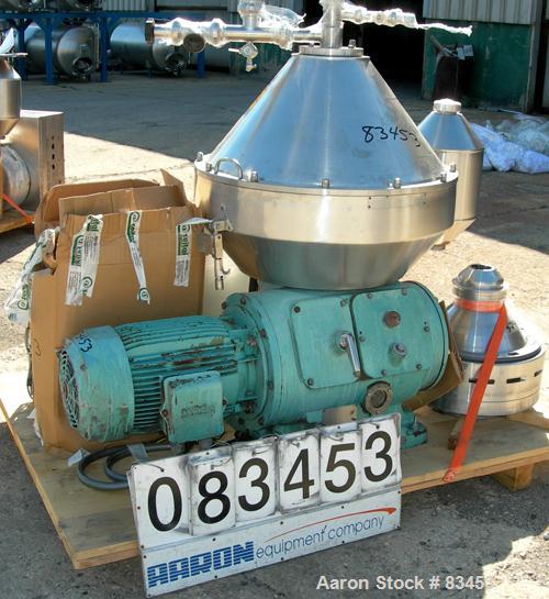 Used Alfa Laval MRPX-410-TGD-74 Desludger Disc Centrifuge. 329 Stainless Steel Construction on Product Contact Areas. Concentrator design, light and heavy phase centripetal pumps, timed solids discha...