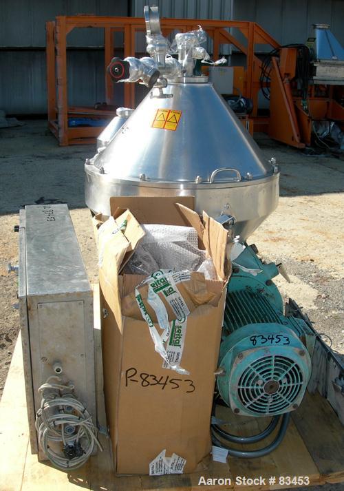 Used Alfa Laval MRPX-410-TGD-74 Desludger Disc Centrifuge. 329 Stainless Steel Construction on Product Contact Areas. Concentrator design, light and heavy phase centripetal pumps, timed solids discha...