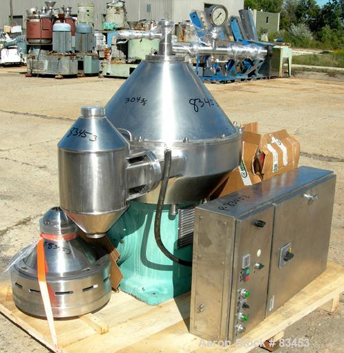 Used Alfa Laval MRPX-410-TGD-74 Desludger Disc Centrifuge. 329 Stainless Steel Construction on Product Contact Areas. Concentrator design, light and heavy phase centripetal pumps, timed solids discha...